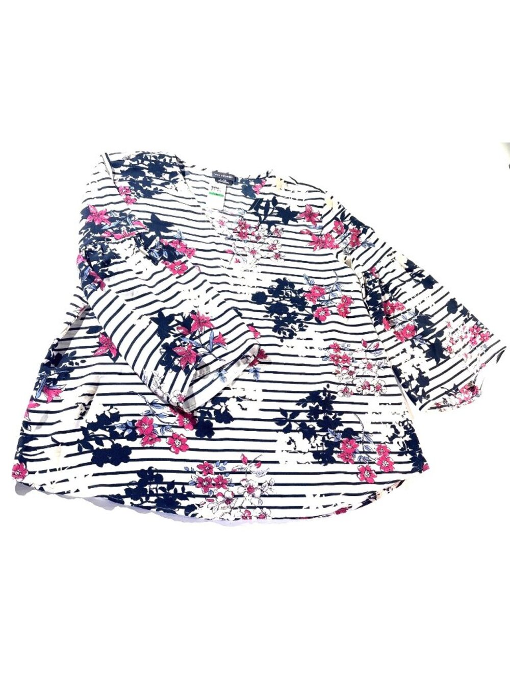 Van Heusen Womens Floral Striped Bell Sleeve Blouse Large 100% Polyester